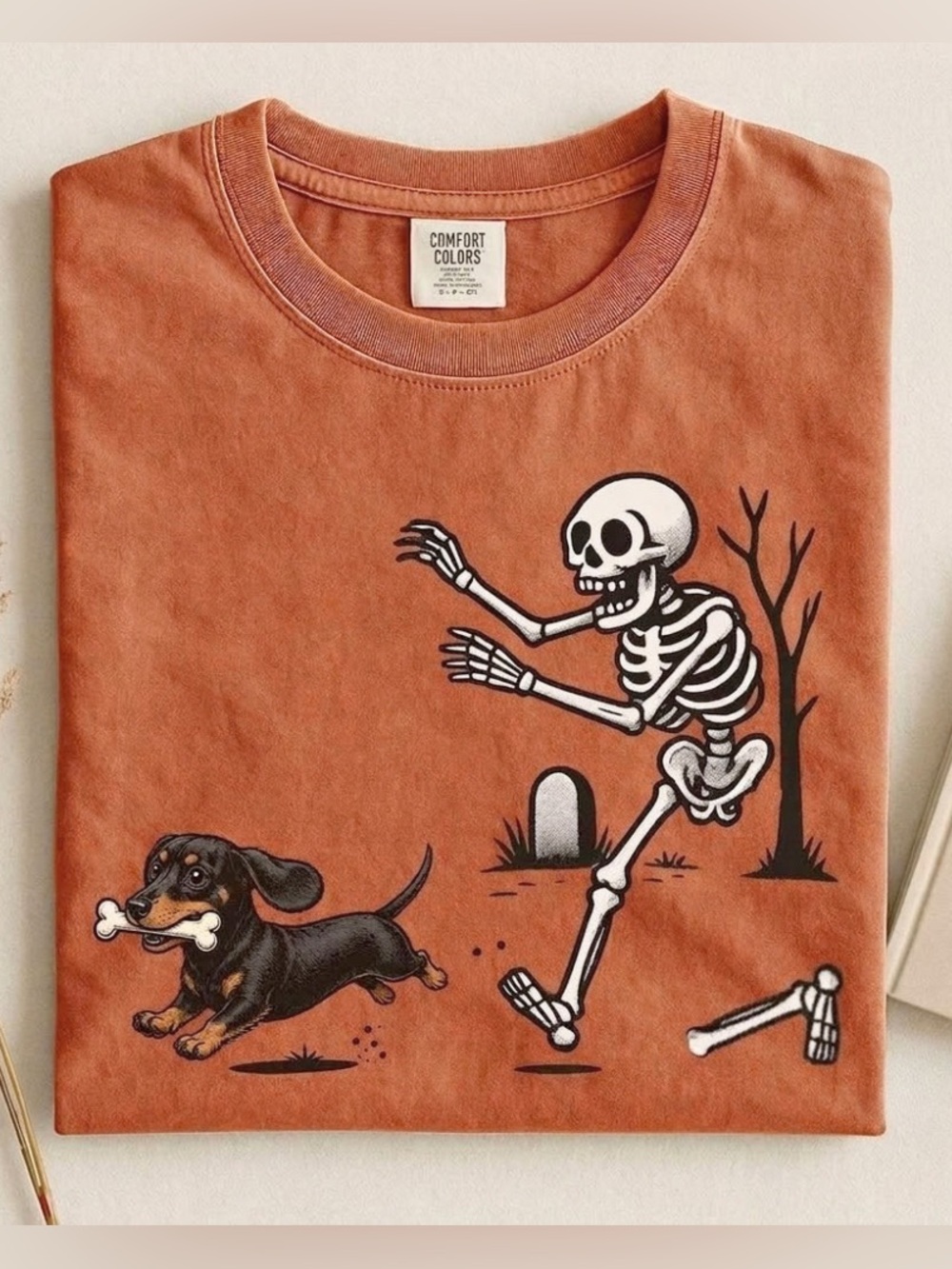 Comfort Colors Skeleton Chasing Dachshund Graphic Tee Funny For Dog Lover